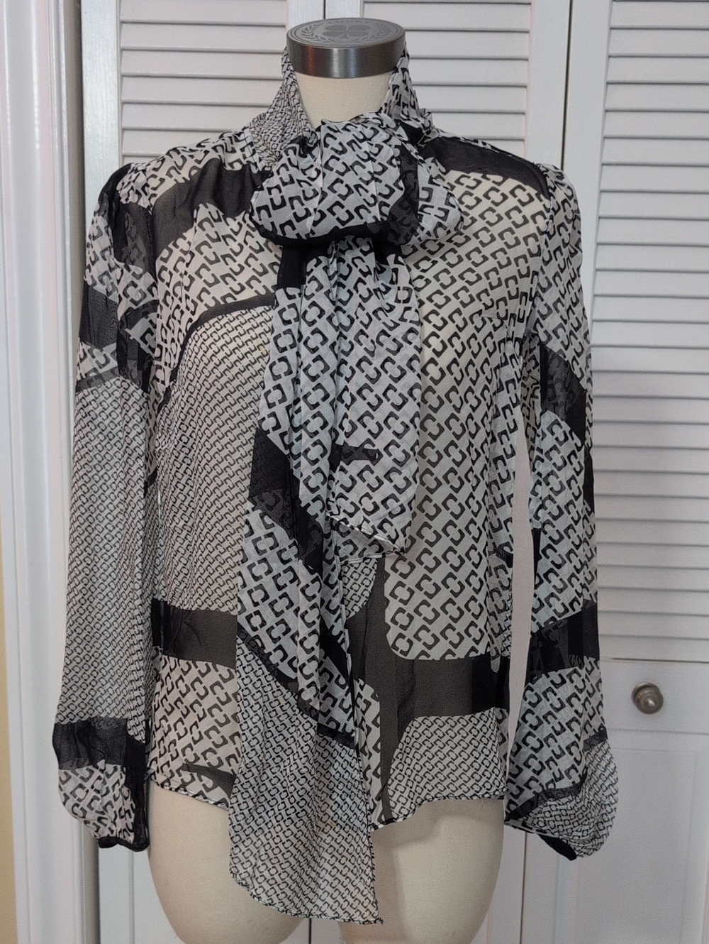 Diane Von Furstenberg, Silk, Black and White Geometric Tie-Neck Blouse, Size S/4